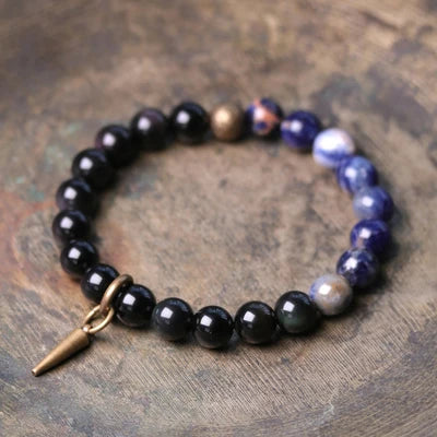 Bracelet Oeil de Tigre Rouge et Obsidienne 8 mm avec Vajra en Cuivre