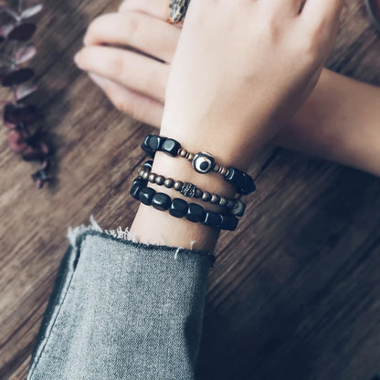 Lot de 2 Bracelets Ébène et Cuivre Martelé Oxydé – Parure Homme et Femme