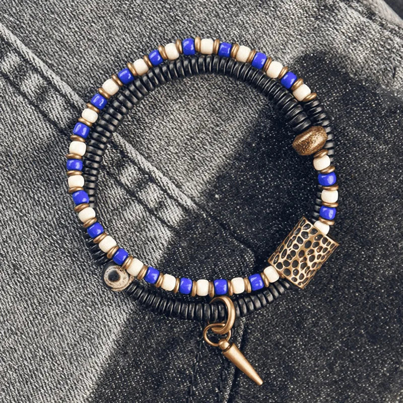 Bracelet Zen Double Rang Ébène et Pierres Colorées – Vajra en Laiton Martelé
