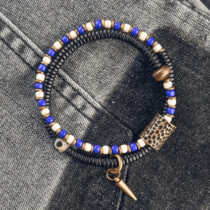 Bracelet Zen Double Rang Ébène et Pierres Colorées – Vajra en Laiton Martelé