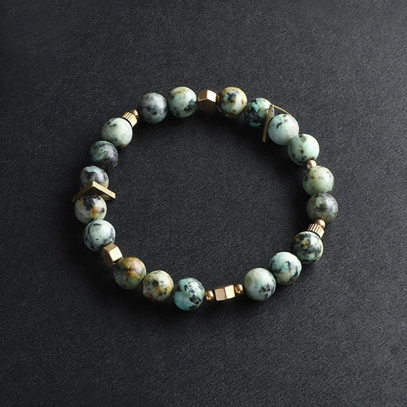 Bracelet Jaspe Zèbre, Jaspe Fleur ou Turquoise d'Afrique – Breloque en Cuivre