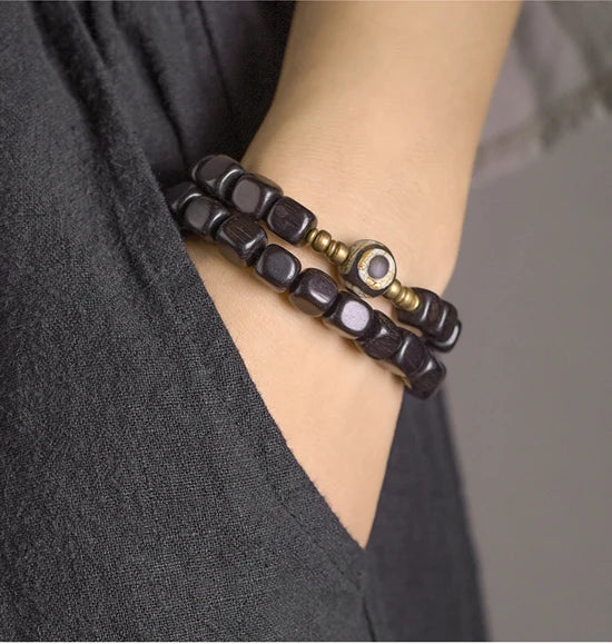 Lot de 2 Bracelets Ébène et Cuivre Martelé Oxydé – Parure Homme et Femme