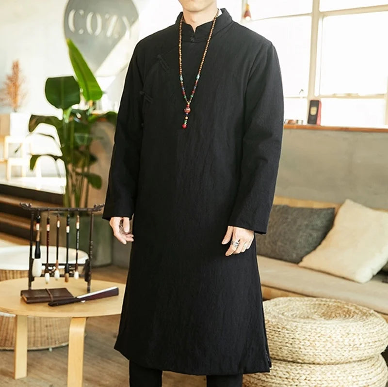 Manteau Long Style Chinois Bleu Homme - Hanfu Jacket Hiver Asymétrique