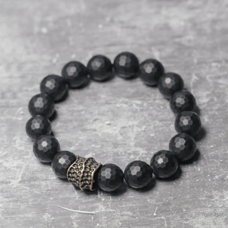 Bracelet Homme Agate Noire Mate 12 mm à Facettes et Laiton Vieilli – Grosses Perles