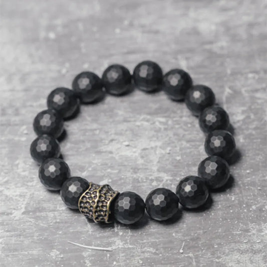 Bracelet Homme Agate Noire Mate 12 mm à Facettes et Laiton Vieilli – Grosses Perles
