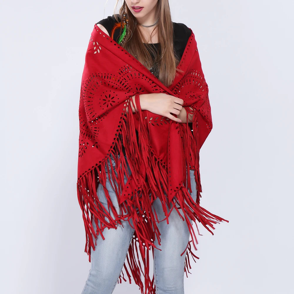 Poncho en Velours avec Franges - Élégance Bohème Chic