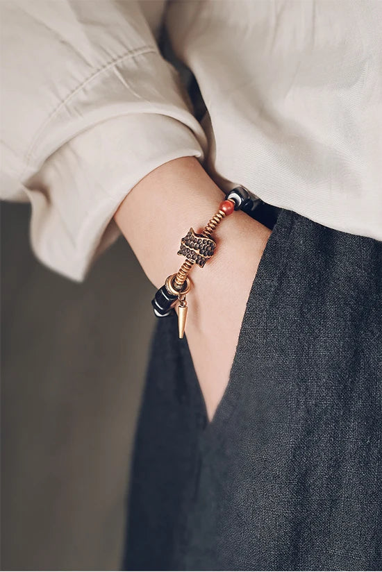 Bracelet Ébène Cubique et Cuivre Martelé Vieilli – Style Rock, Homme et Femme
