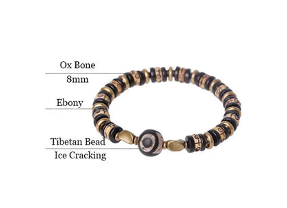 Bracelet Tibétain Os de Bœuf Sculpté et Ébène – Perle Œil Protecteur, Unisexe
