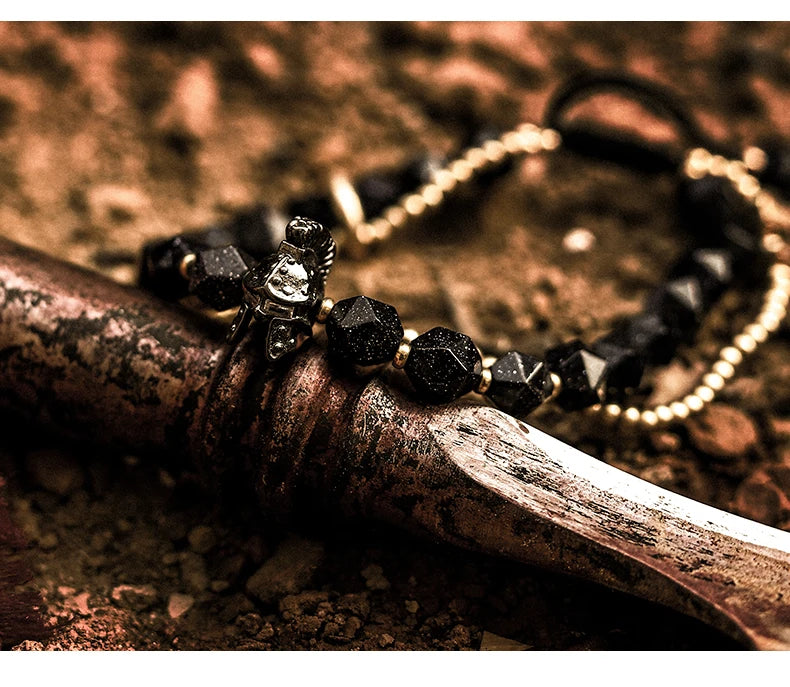 Bracelet Tressé Homme Obsidienne Dorée ou Goldstone Bleue – Style Viking Ajustable