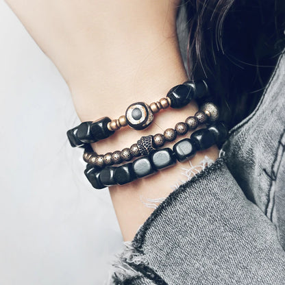 Lot de 2 Bracelets Ébène et Cuivre Martelé Oxydé – Parure Homme et Femme