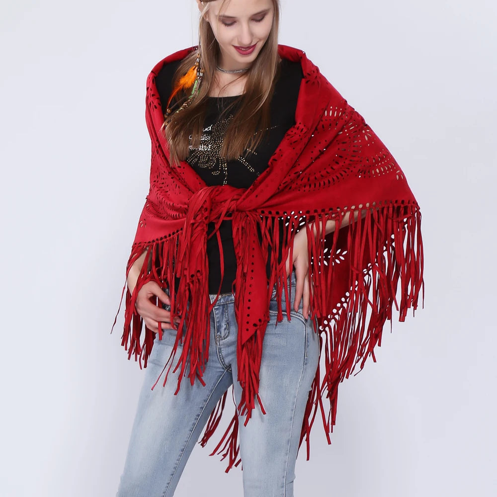 Poncho en Velours avec Franges - Élégance Bohème Chic