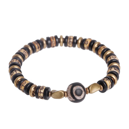 Bracelet Tibétain Os de Bœuf Sculpté et Ébène – Perle Œil Protecteur, Unisexe