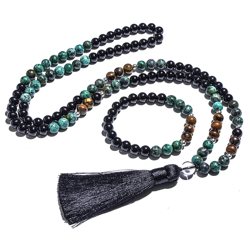 Mala "Clarté mentale" 108 perles en Turquoise Africaine, Oeil de Tigre, Agate Noire