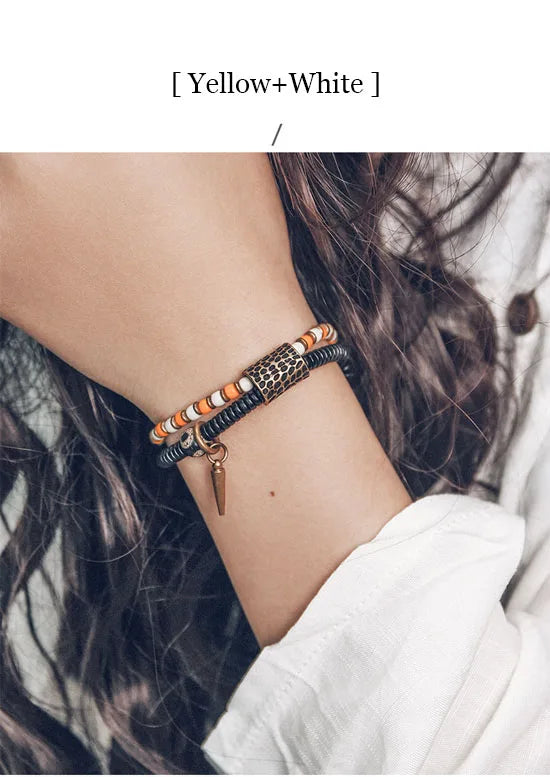 Bracelet Zen Double Rang Ébène et Pierres Colorées – Vajra en Laiton Martelé