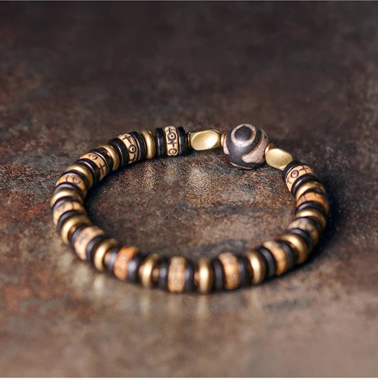 Bracelet Tibétain Os de Bœuf Sculpté et Ébène – Perle Œil Protecteur, Unisexe