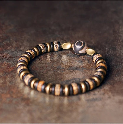 Bracelet Tibétain Os de Bœuf Sculpté et Ébène – Perle Œil Protecteur, Unisexe