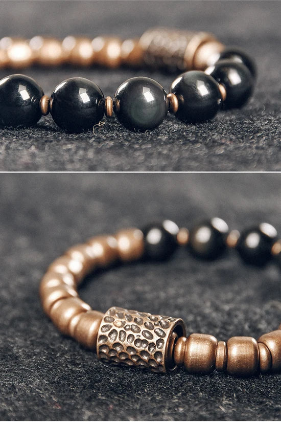 Bracelet Obsidienne Oeil Céleste et Laiton Martelé – Bicolore, Homme et Femme