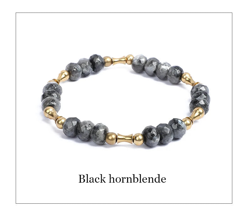 Bracelet Oeil de Tigre à Facettes ou Hornblende Noire – Breloque Bambou en Cuivre