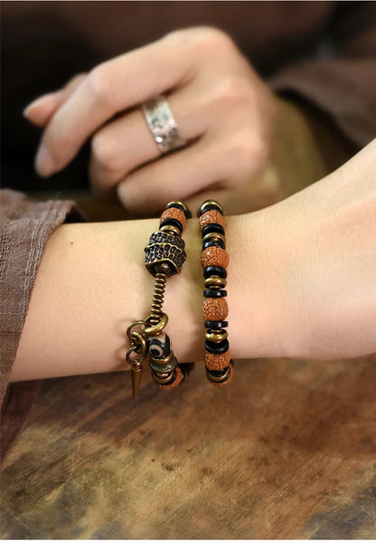 Bracelet Multirang Rudraksha, Ébène et Laiton – Porte-Bonheur Unisexe