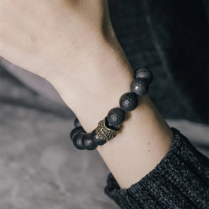 Bracelet Homme Agate Noire Mate 12 mm à Facettes et Laiton Vieilli – Grosses Perles