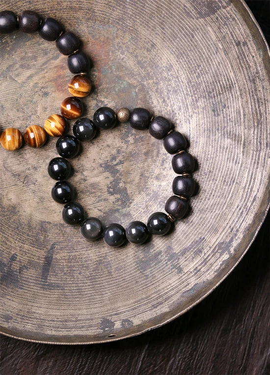 Bracelet Oeil de Tigre Doré ou Obsidienne Arc-en-Ciel – Perles de Bois et Métal Martelé