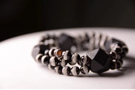 Bracelet Multirang Onyx Noir et Bois d'Ébène – Style Géométrique, Homme et Femme