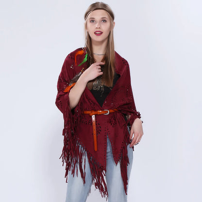 Poncho en Velours avec Franges - Élégance Bohème Chic