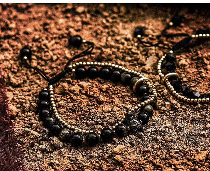 Bracelet Tressé Homme Obsidienne Dorée ou Goldstone Bleue – Style Viking Ajustable