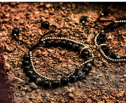 Bracelet Tressé Homme Obsidienne Dorée ou Goldstone Bleue – Style Viking Ajustable