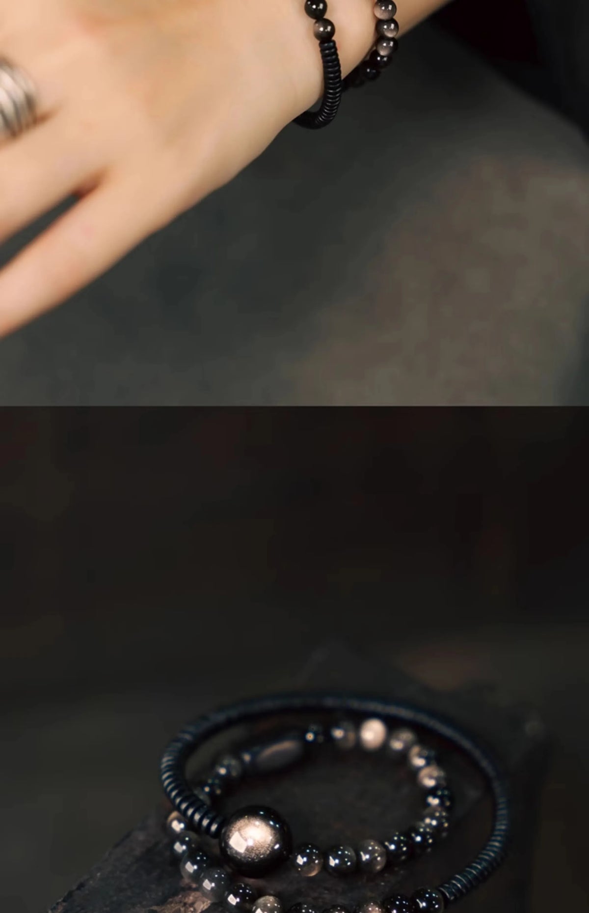Bracelet Deux Rangs Pierres d'Obsidienne et Perles d'Ébène – Simple, Duo de Couple