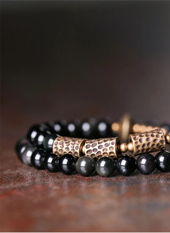 Bracelet Double Rang Obsidienne et Laiton Martelé – Unisexe, du 15 au 22 cm