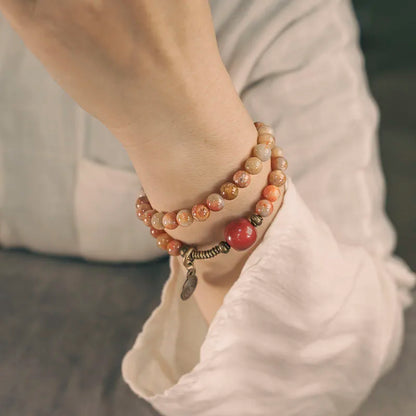 Bracelet Pierre Corail et Agate de Gobi avec Perles de Laiton – Bijou Oriental Unisexe