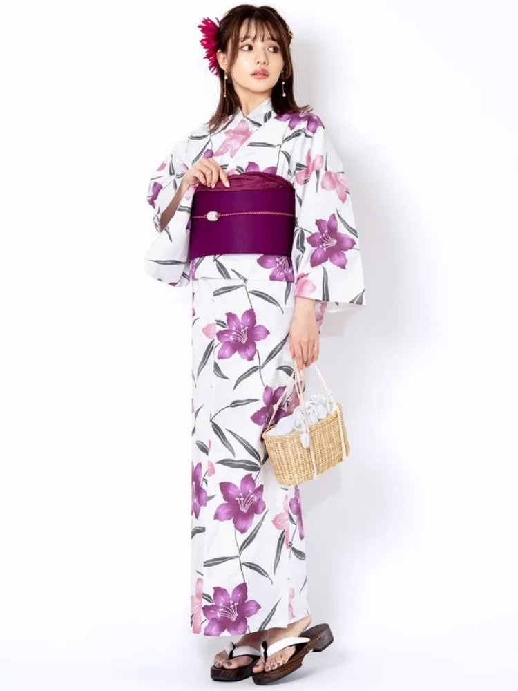 Yukata Deux Pièces Rose et Violet Floral | Kimono Japonais d'Été Frais et Élégant