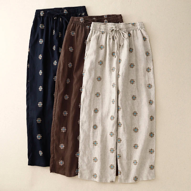 "Hanami" Pantalon femme en coton et lin imprimé | Taille haute, cordon ajustable, style décontracté été