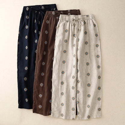 "Hanami" Pantalon femme en coton et lin imprimé | Taille haute, cordon ajustable, style décontracté été