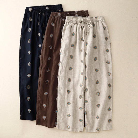 "Hanami" Pantalon femme en coton et lin imprimé | Taille haute, cordon ajustable, style décontracté été