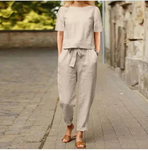 "Satori" Ensemble femme en coton et lin | Tenue deux pièces, haut manches courtes et pantalon taille haute
