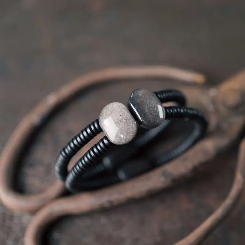 Bracelet Double Rang Obsidienne Noire et Bois d'Ébène – Tout Noir, Homme et Femme