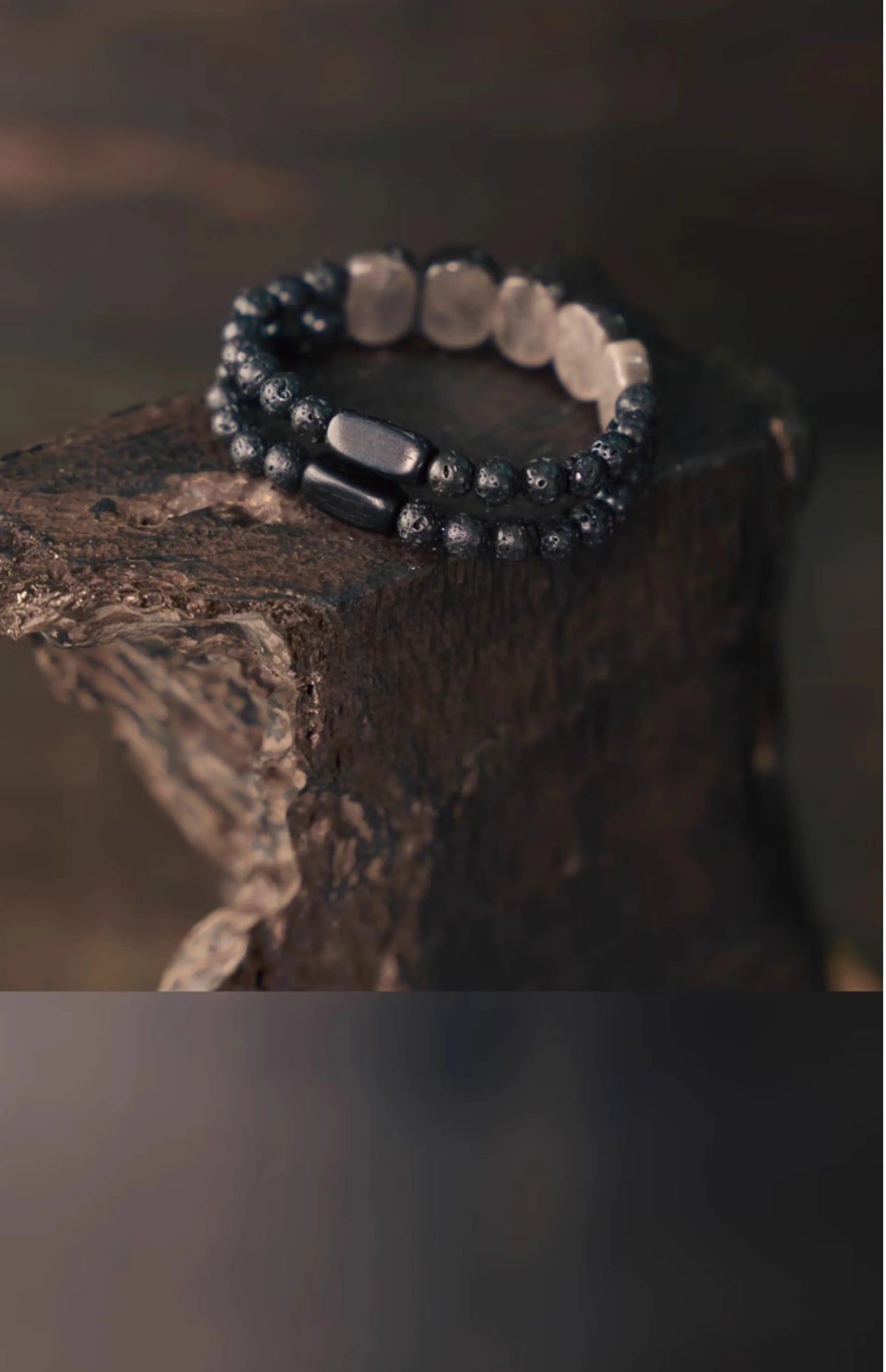 Bracelet Deux Rangs Obsidienne Plate, Pierre de Lave et Ébène – Style Punk Unisexe