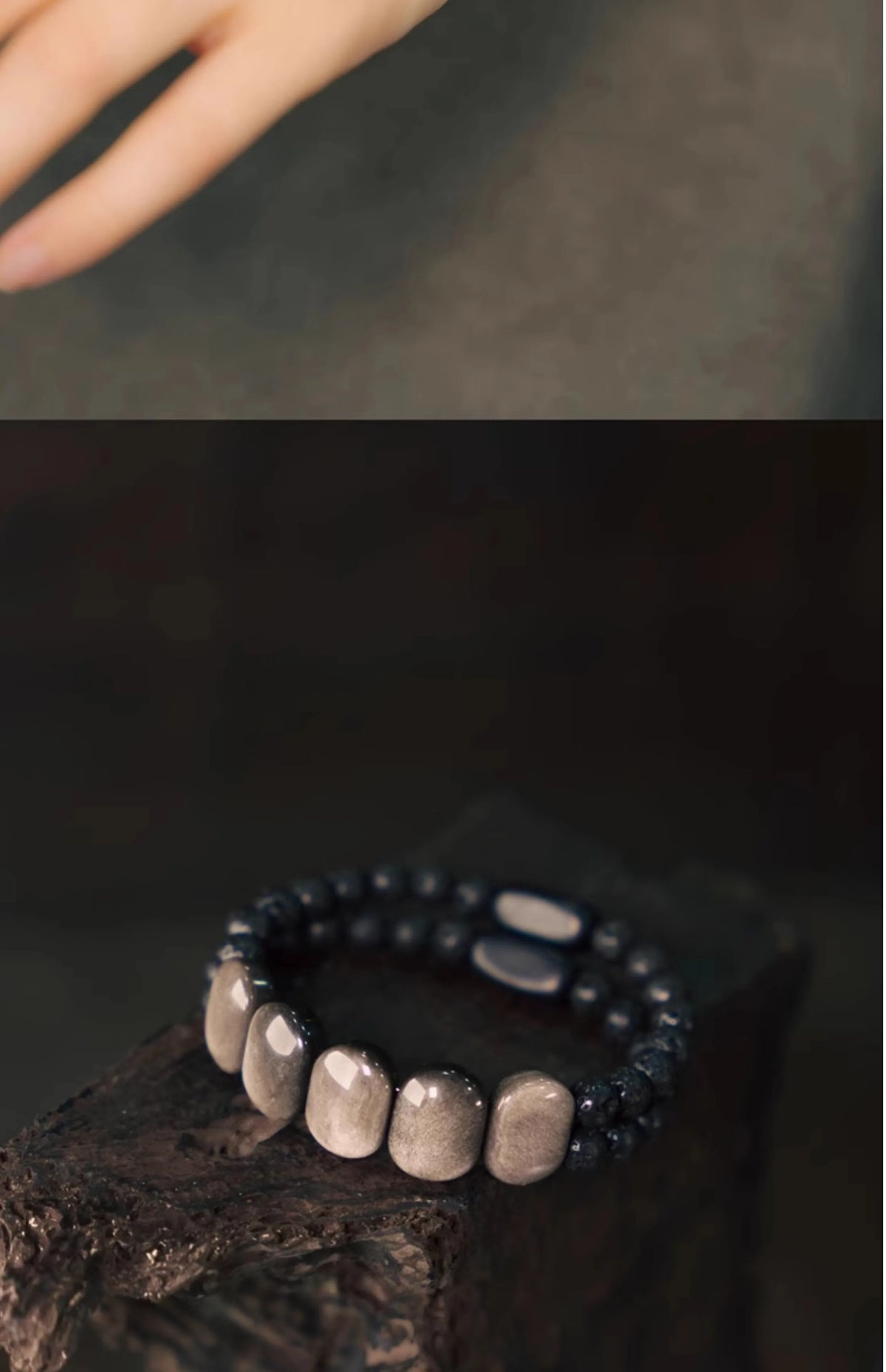 Bracelet Deux Rangs Obsidienne Plate, Pierre de Lave et Ébène – Style Punk Unisexe