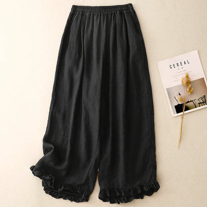 "Midori" Pantalon femme en coton et lin | Taille haute large, ourlet volant chic et léger