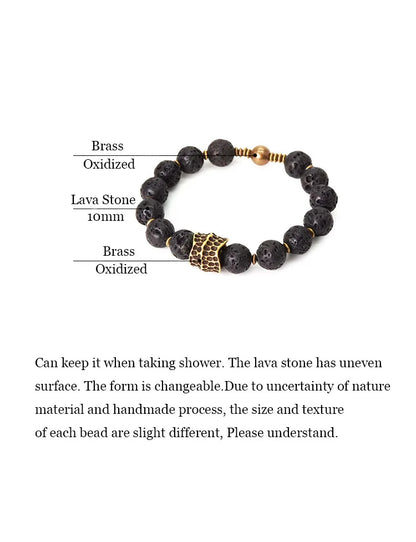 Bracelet Homme Pierre de Lave Volcanique et Laiton Vintage – Diffuseur d'Huiles, Jusqu'au 22 cm