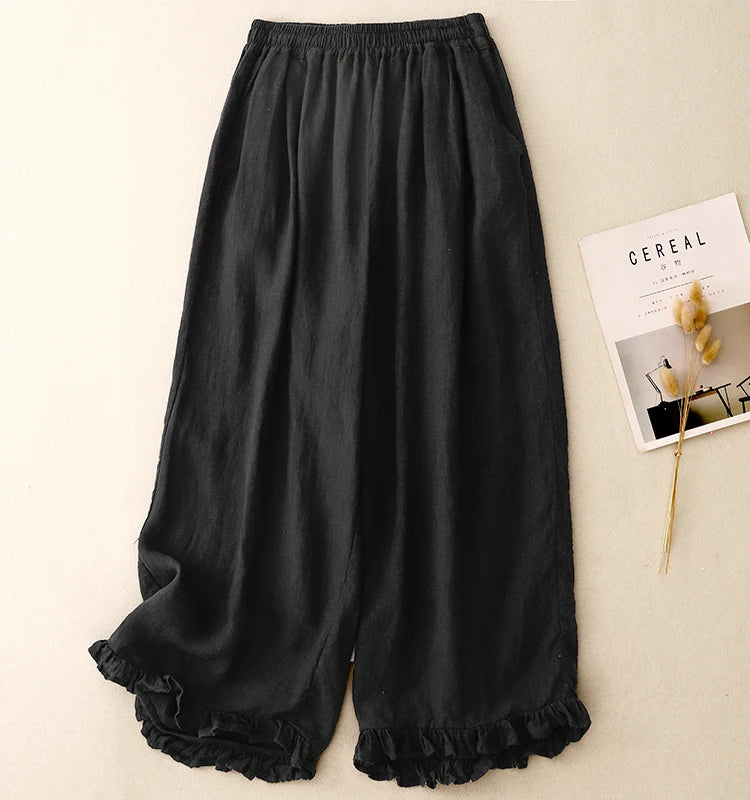 "Midori" Pantalon femme en coton et lin | Taille haute large, ourlet volant chic et léger