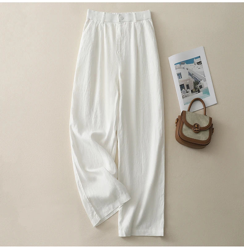 "Shizuka" Pantalon femme en lin et coton | Taille haute droite, style simple et élégant