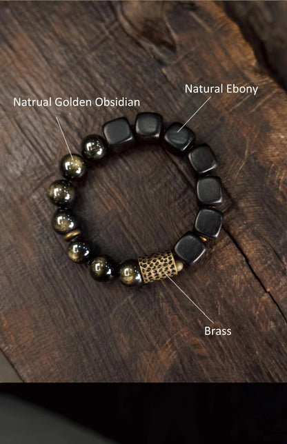 Bracelet Vintage Ébène et Obsidienne Dorée avec Accents de Laiton – Fait Main Unisexe