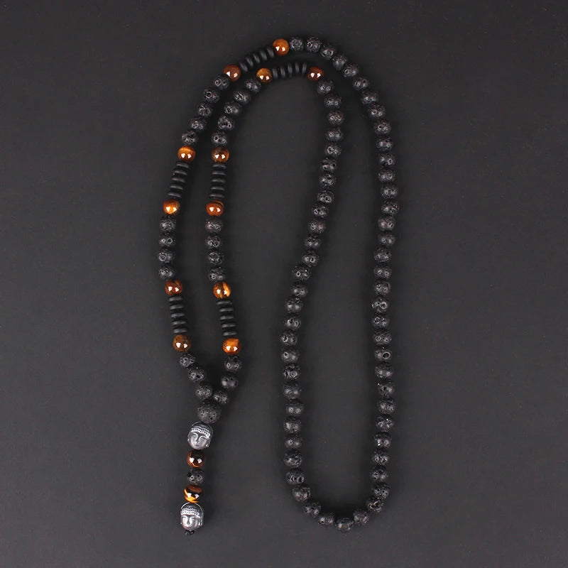 Mala Œil de Tigre & Pierre de Lave 6 mm – Pendentif Bouddha