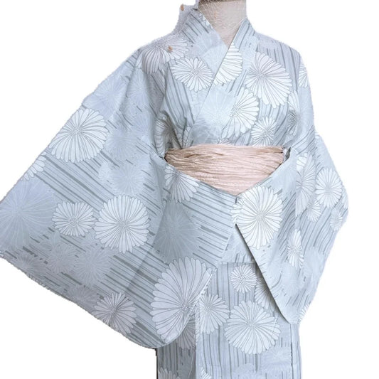 Yukata Deux Pièces Bleu Céleste | Kimono Japonais d'Été avec Motif de Fleurs