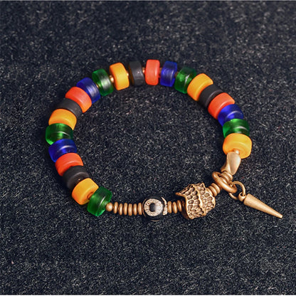 Bracelet Verre Coloré et Perle Tibétaine – Breloque en Cuivre Travaillé Main, Unisexe