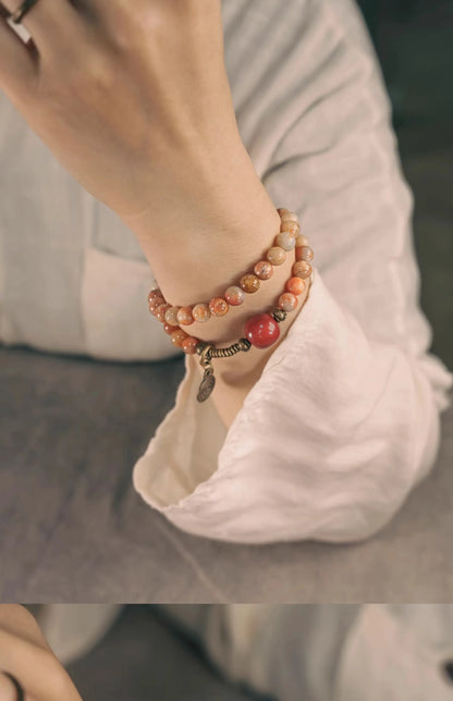 Bracelet Pierre Corail et Agate de Gobi avec Perles de Laiton – Bijou Oriental Unisexe