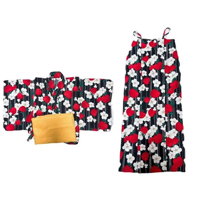 Yukata Deux Pièces Floral Rouge et Noir | Kimono Japonais d'Été avec Robe Coordonnée